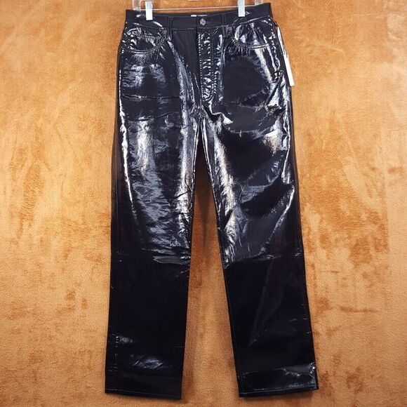 AGOLDE Womens Pants Size 30 Black Patent 90s Pinch Waist Recycled Leather - Picture 2 of 9